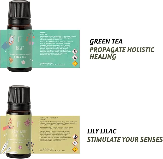 Folkulture Essential Oils for Diffuser | Essential Oils Set of 6 Fragrances | Diffuser Oil Scents for Home | Oils Diffuser Essential Oil | Fragrance Oils for Diffusers - Green Tea, Ocean Salt