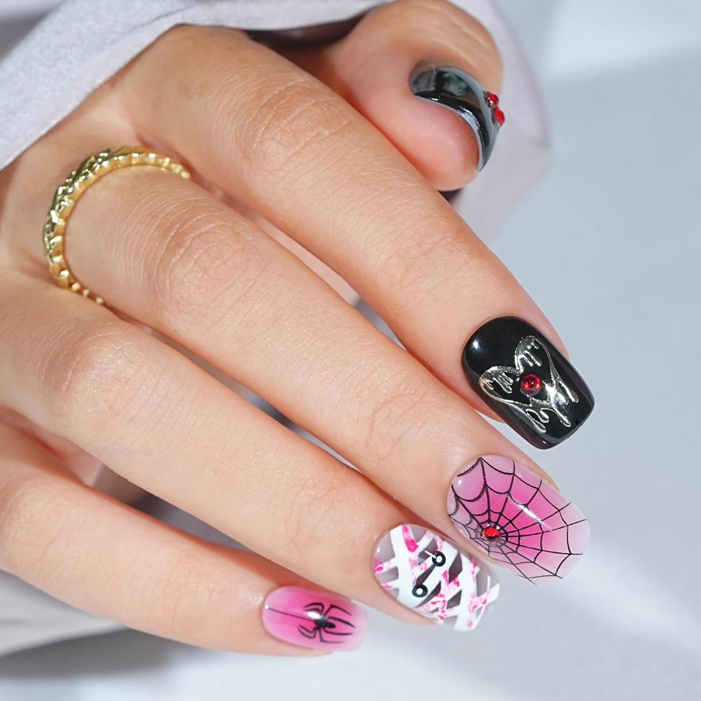 Halloween Press On Nails Short - Mummy’s Crypt, Black Pink Spider Web Nails of Halloween Nail Designs Acrylic Square Glue On Nails with Nail Glue, Stick On Nails in 16 Sizes - 32 PCS Soft Gel Kit