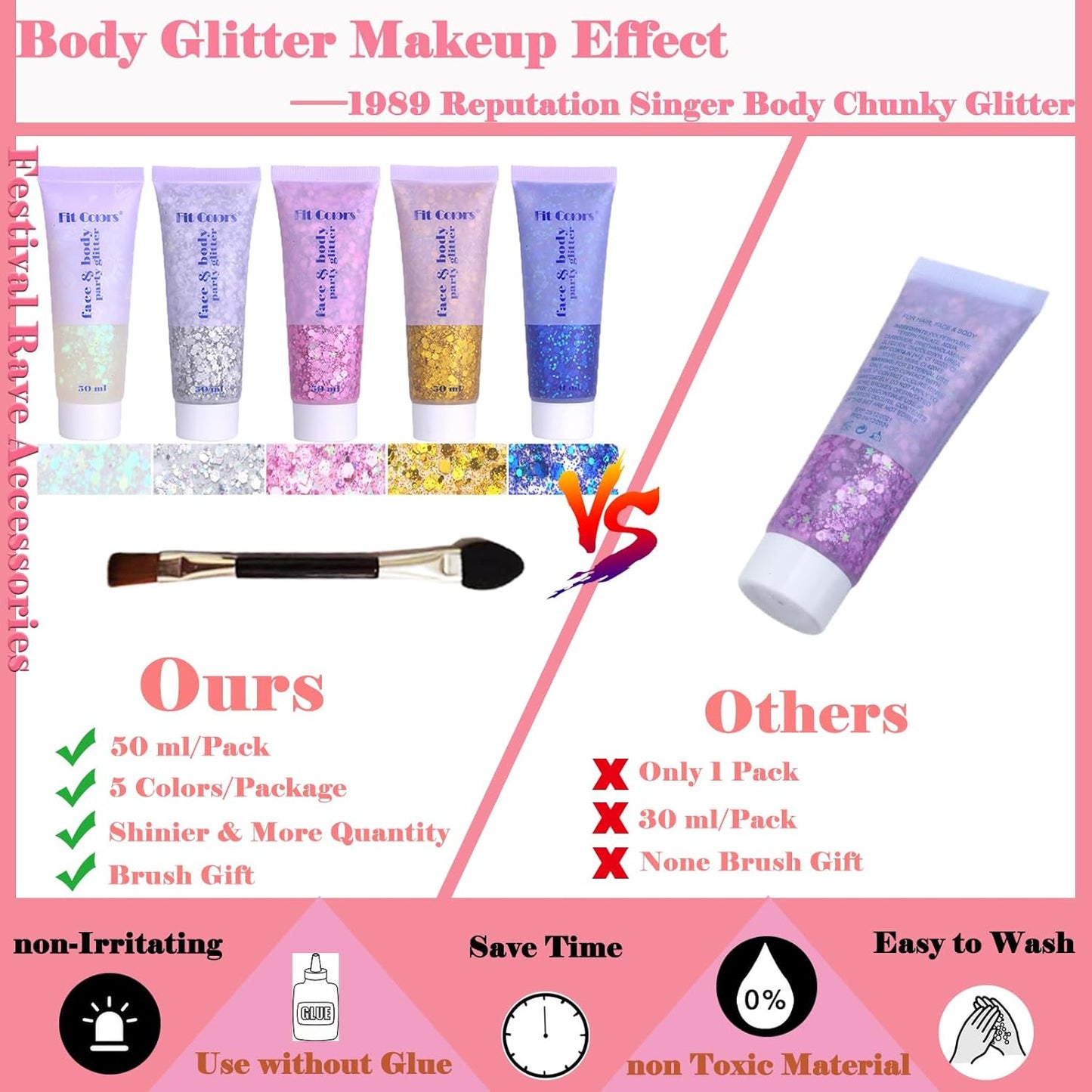 Body Glitter Face Glitter Gel: Singer Concerts Disco Festival Rave Accessories Face Glitter Makeup 150ml Chunky Sequins Mermaid Face Body Hair Glitter Gel (White&Silver&Pink&Gold&Blue)
