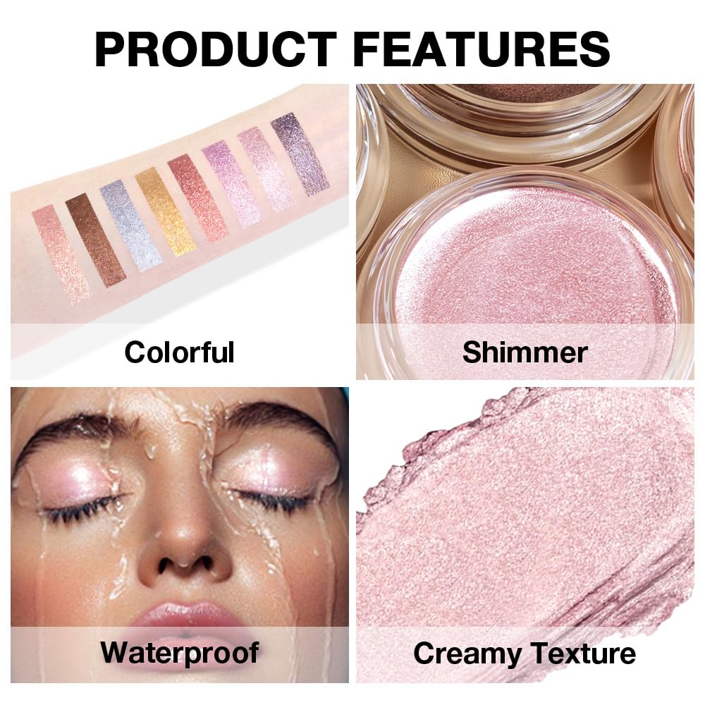 Cream Glitter Pale Pink Shimmer Metallic Eyeshadow Palette Makeup For Mature Women, Natural Single Mini Instant Holographic Eyeshadow, Sombras Crema Para Ojos, Talc, Paraben & Cruelty Free