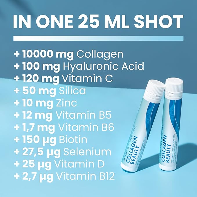 Swedish Nutra - Collagen Beauty | 10,000 mg Hydrolyzed Marine Collagen Liquid Supplement - 30 x 25 ml Daily Shots | Hyaluronic Acid and Vitamin C to Support Healthy Hair, Skin, Nails | Sugar-Free