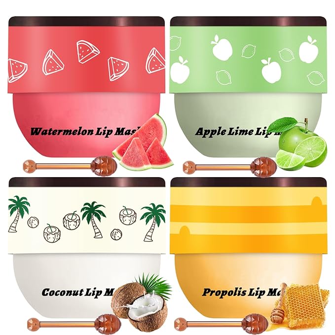4 PCS Bee Lip Balm Honey Pot, Honey Watermelon Apple Coconut Lip Balm Sleeping Lip Mask Overnight with Sticks, Lip Exfoliating Prevention Dry and Crack (Honey & Watermelon & Apple & Coconut)