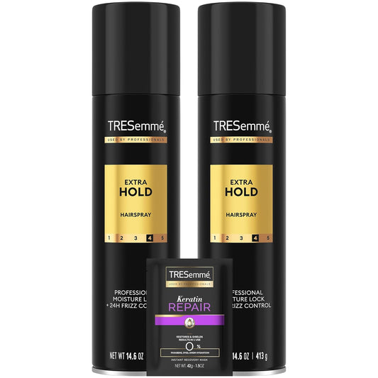 TRESemmé Hairspray, Extra Hold, 2-Pack, Moisturizing Hair Spray, 24H Frizz Control + Keratin Repair Mask (3 Piece Set)