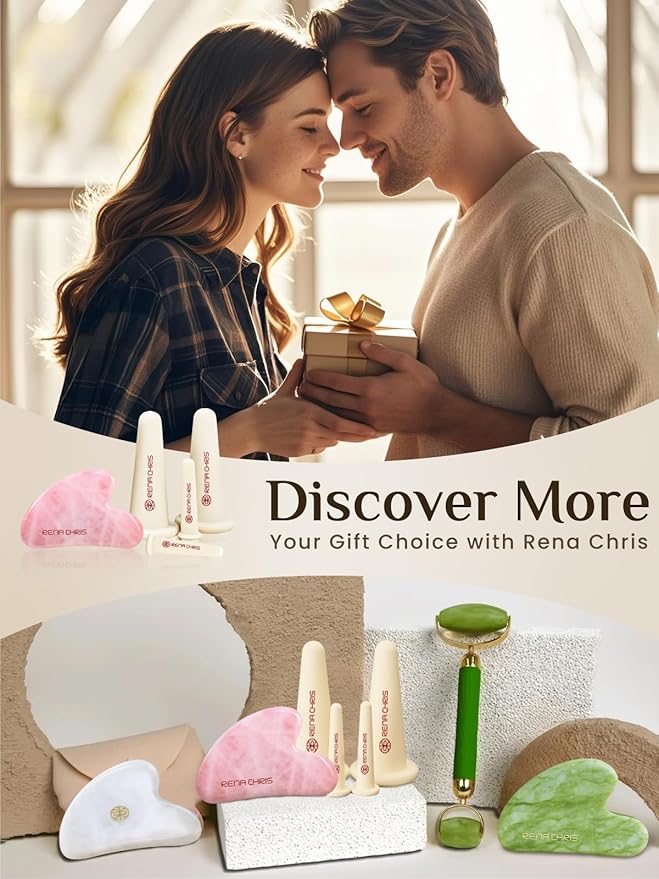 Rena Chris Facial Cupping Set & Gua Sha Facial Tool - Silicone Cupping Set & Rose Quartz Gua Sha Stone - Face Cupping Therapy Set for Natural Skin Care, Puffiness, Lip Plumping(Pink)