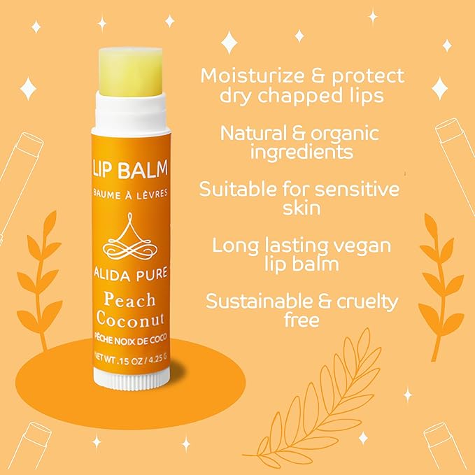 Lip Balm Collection - Peach Coconut, Vegan, Beeswax Free, Avocado Oil, Organic Jojoba Oil, Vitamin E, Moisturizer for Dry, Chapped Lips - 3 Tube Set