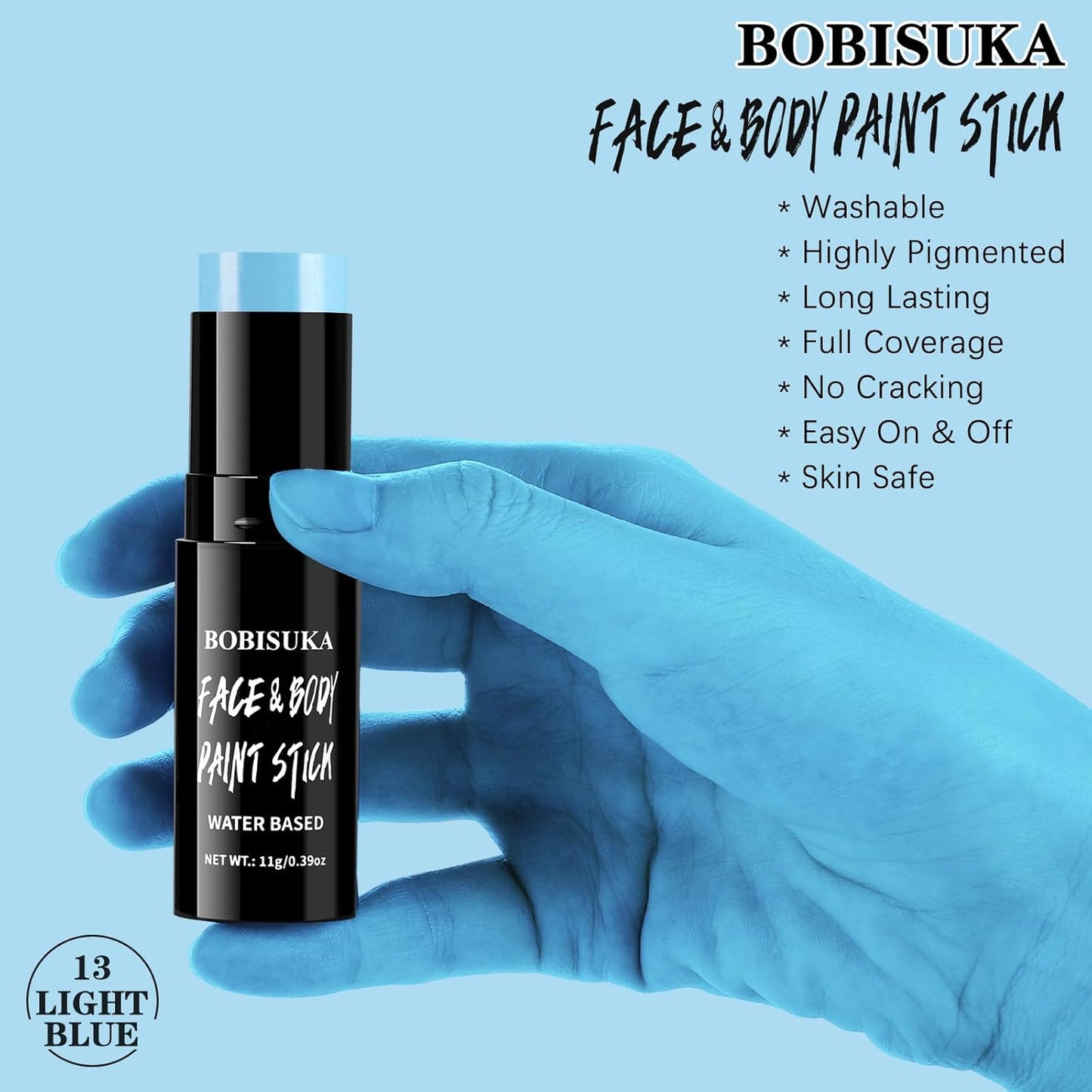 BOBISUKA Light Blue Face Body Paint Stick Washable Water-Based Face Paint Makeup Stick for Halloween Corpse Bride, Sally, Avatar, Skeleton, Skull, Smurf, Cosplay, SFX, Sports Eye Black & Costume Party