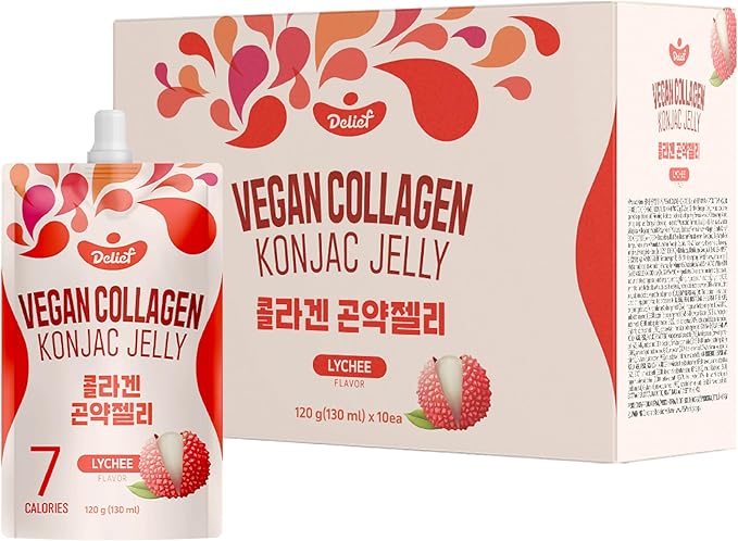Vegan Collagen Konjac Jelly (Lychee Flavor) 120g x 10 Packs – Low-Calorie Fruit Gel Snack, Gluten-Free, Plant-Based, 7 kcal per Pouch