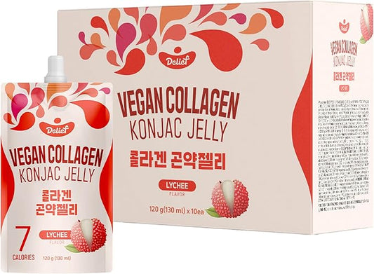 Vegan Collagen Konjac Jelly (Lychee Flavor) 120g x 10 Packs – Low-Calorie Fruit Gel Snack, Gluten-Free, Plant-Based, 7 kcal per Pouch