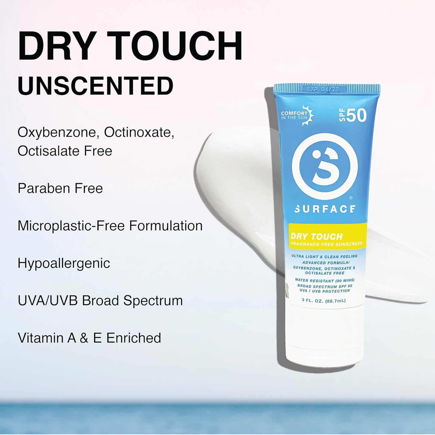 Surface Sunscreen Lotion SPF 50 for Face and Body, Natural Formula, Lightweight and Reef Friendly, Broad Spectrum UVA UVB Protection, Water Resistant Sun Care for Outdoor Use, Fragrance Free, 3oz