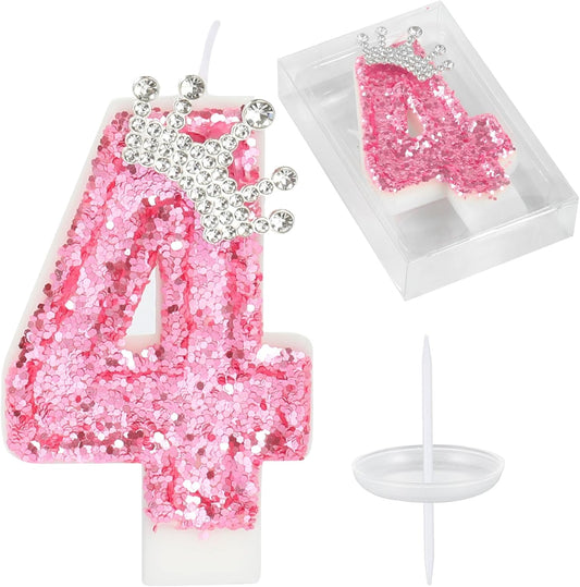 Birthday Number Candles,Pink Crown Birthday Candles for Cake,Glitter Number 4 Candle Cake Topper with Sequins for Girls,Women, Anniversary Celebrations Supplies (Pink 4)