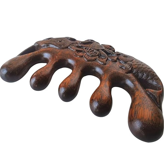 Wooden Massage Comb - 100% Natural Handmade Pure Wood Five-tooth Meridians Scalp Massager - No Static Wide Tooth Comb for Head - Scraping Massage Tool (Carving Style)