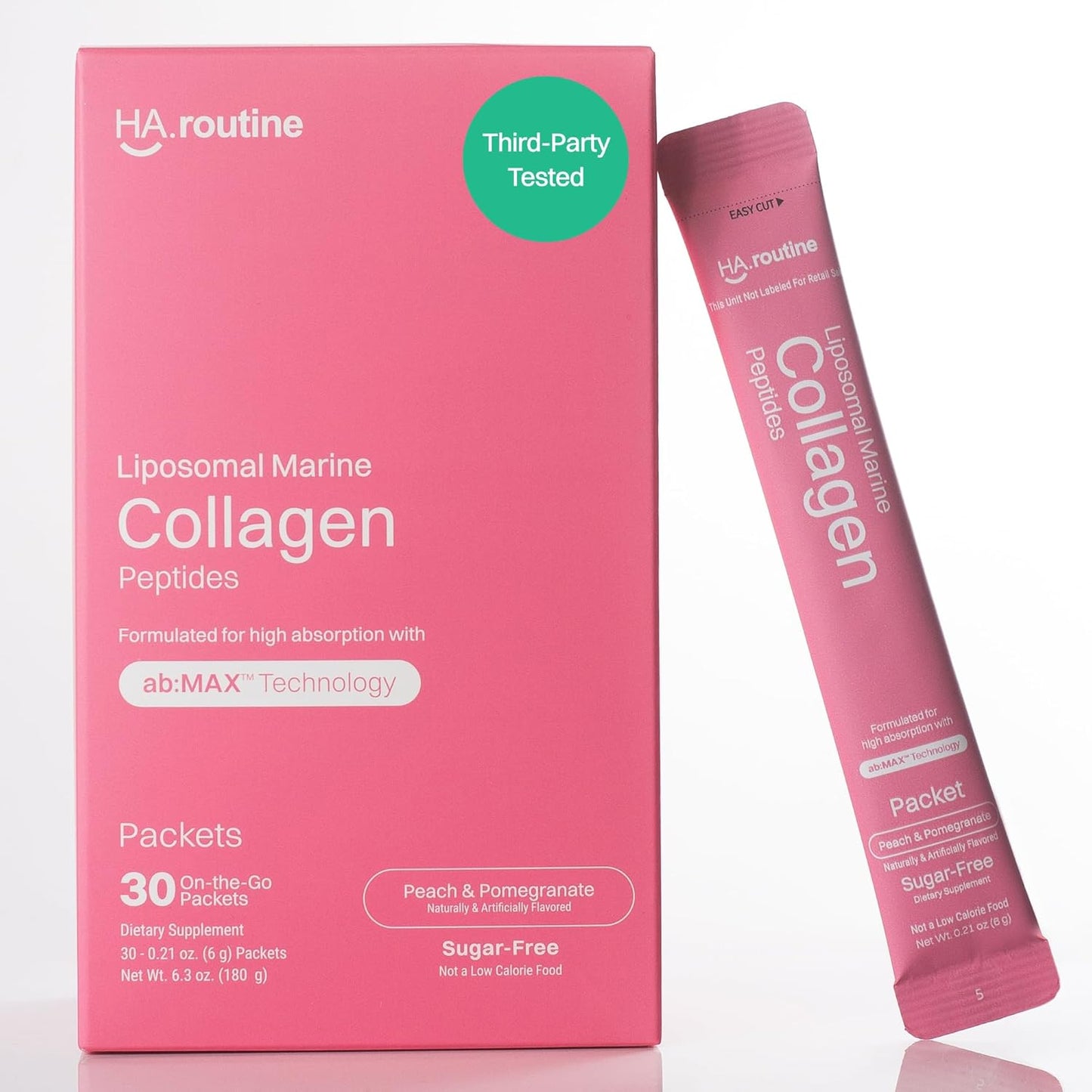 Liposomal Marine Collagen Powder Packets, 2100mg Sugar-Free Flavored Powder, 190mg Vitamin C for Skin, Hair, and Nails, Supports Joint Health - 30 Packets, Peach Pomegranate Flavor