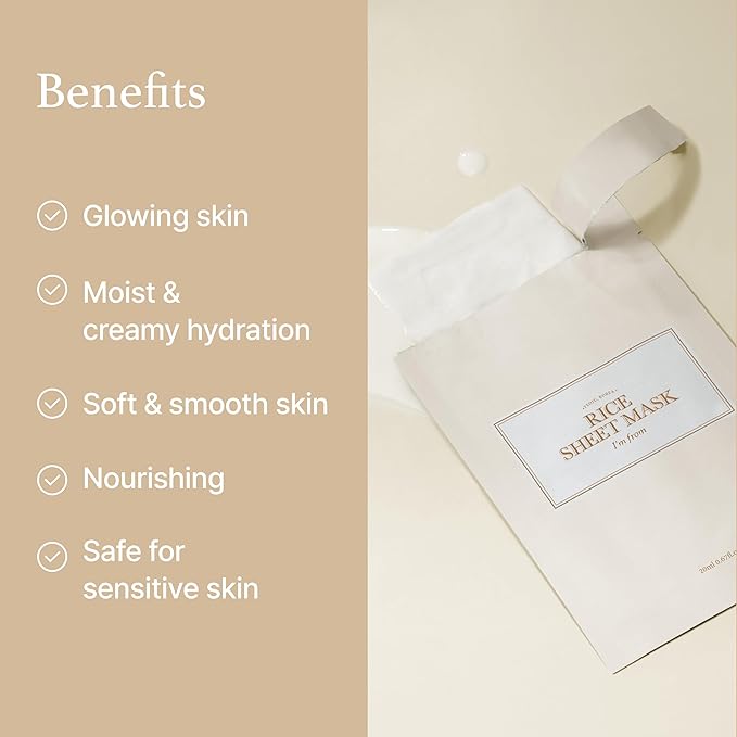 I'm from Rice Sheet Mask Pack of 5, Korean Rice Face Mask, Creamy Hydration for Dry, Combination Skin, Moist, Milky Essence, Biodegradable, Vegan, Hypoallergenic, 20ml