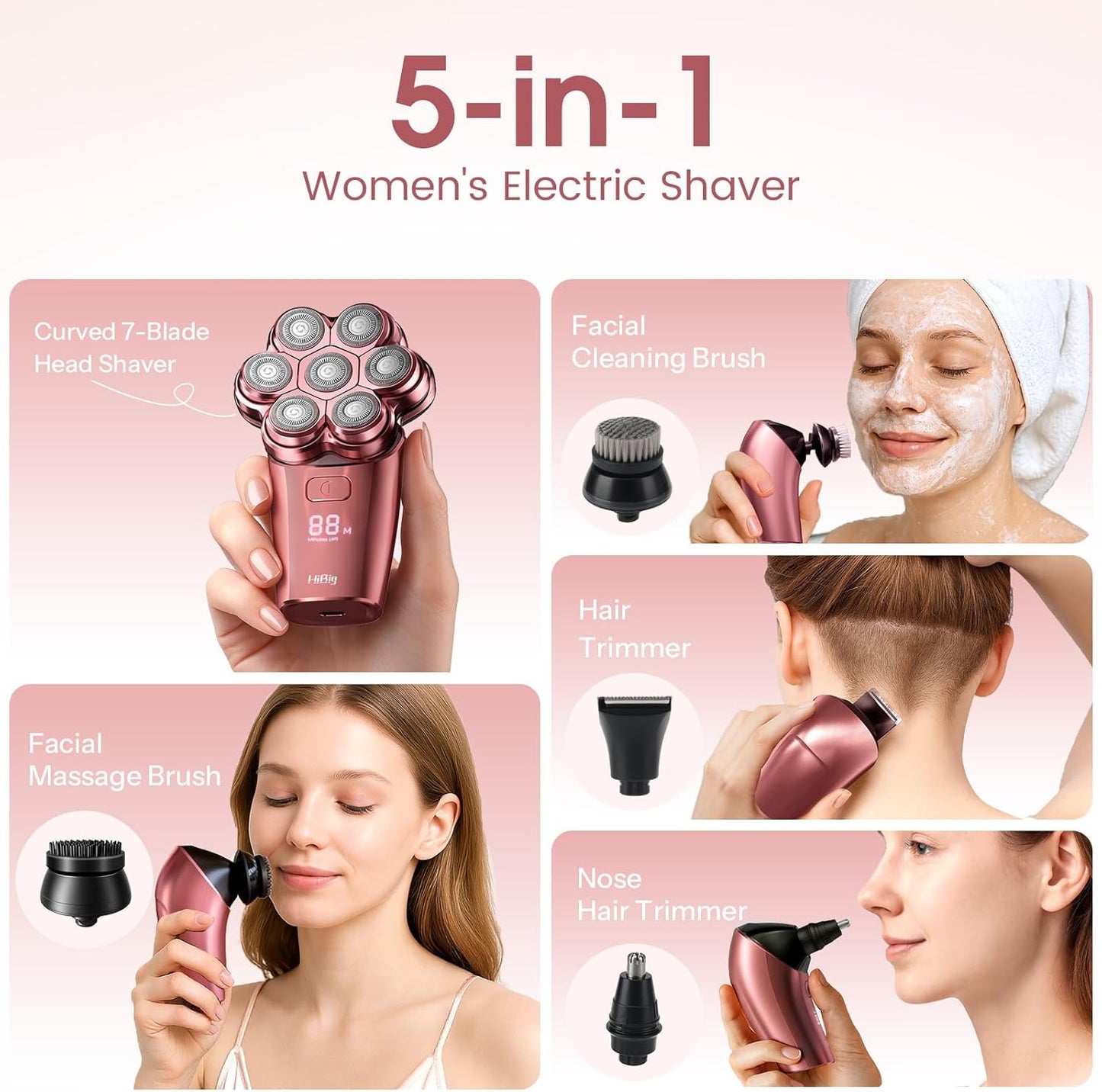 Electric Razors for Women Legs: 5-in-1 Rechargeable Body Shaver, 7D Wet & Dry Bikini Trimmer, IPX7 Waterproof Lady Hair Remover for Face Underarms Pubic, Rose Pink