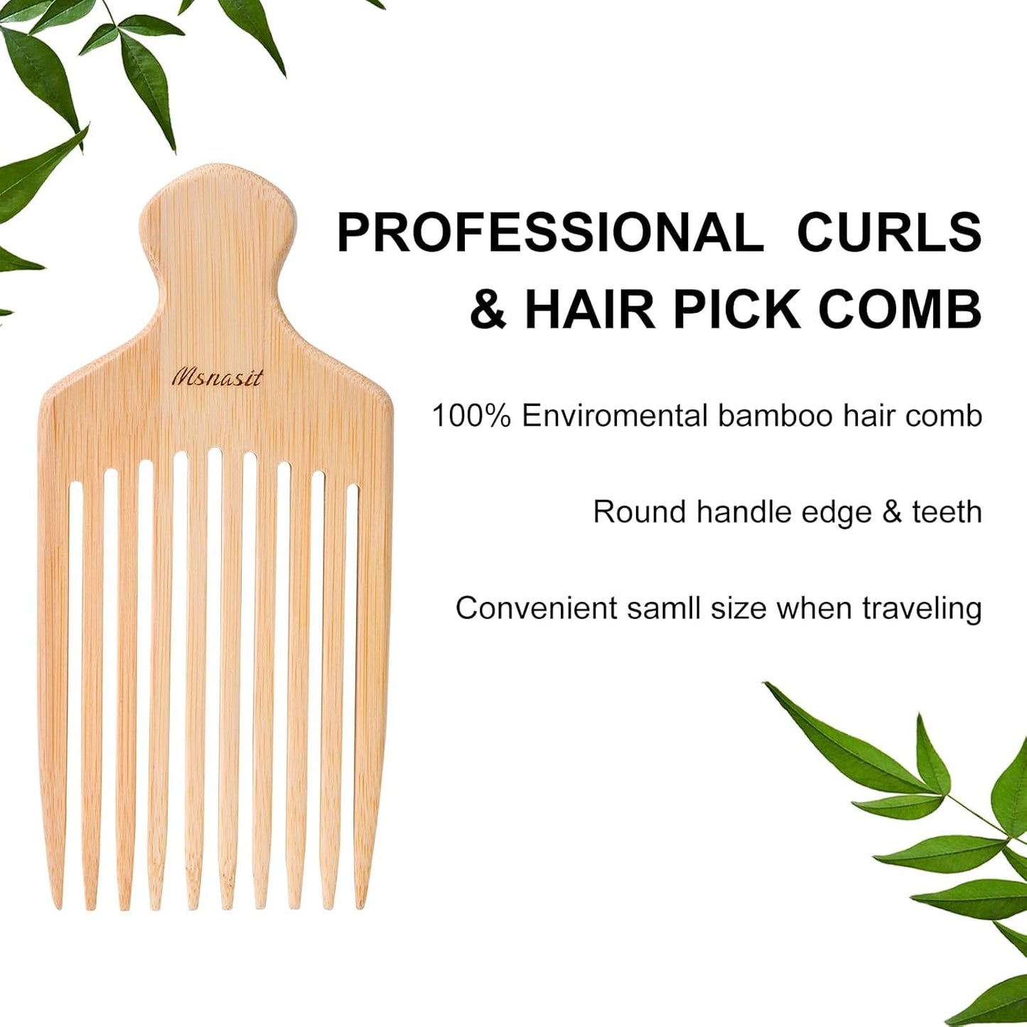 Bamboo Hair Pick for Curly Hair, Premium Wooden Wide Tooth Detangling Comb with Ergonomic Handle, Natural Volume & Styling Tool for Men Women, Fine or Thick Beard Pick