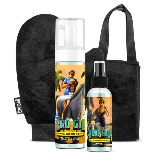 Bro Glo Self Tanner for The Boys - King Bundle - Easy Sunless Tan For Your Face & Body With Mitt & Back Applicator - Oil Free Water Based for Faster Skin Drying - Natural Sun Kissed Bronze Color Perfect for Men - Gift Set (The King Bundle)