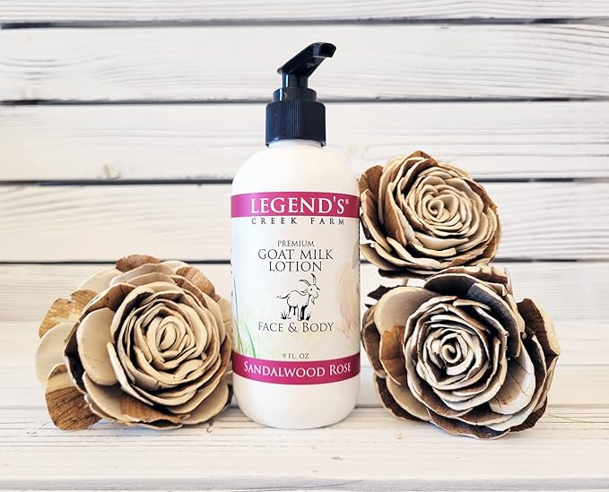 Legend's Creek Farm Goat Milk Lotion - Moisturizing Goat Milk Body Lotion for Body, Hand & Face - 9 oz Body Moisturizer with Shea Butter, Sunflower Oil, Aloe, Handmade in USA (2-Pack, Sandalwood Rose)