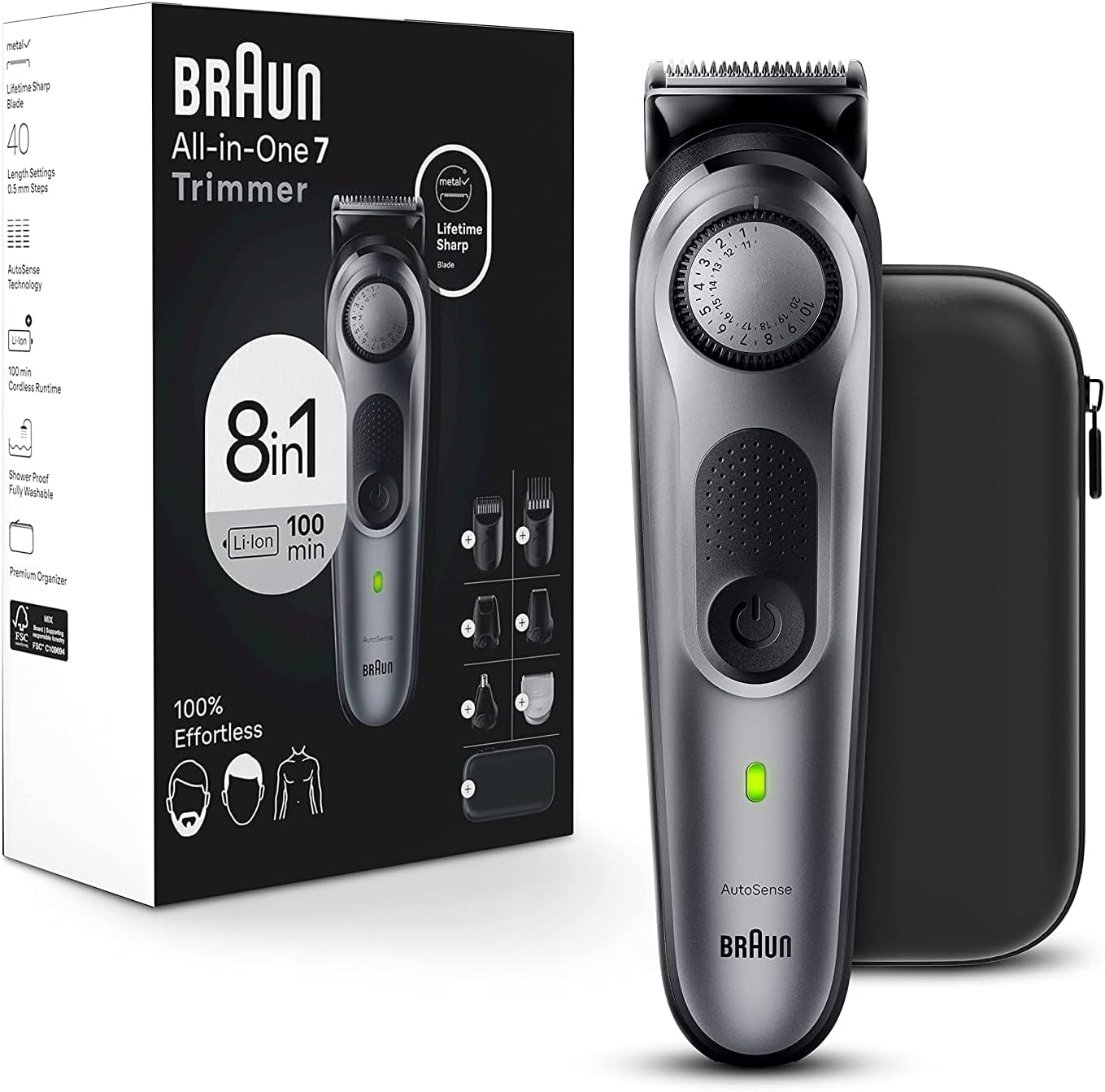 Braun All-in-One Style Kit Series 7 7410, 8-in-1 Trimmer for Men with Beard Trimmer, Body Trimmer for Manscaping, Hair Clippers & More, Sharpest Blade, 40 Length Settings, Waterproof