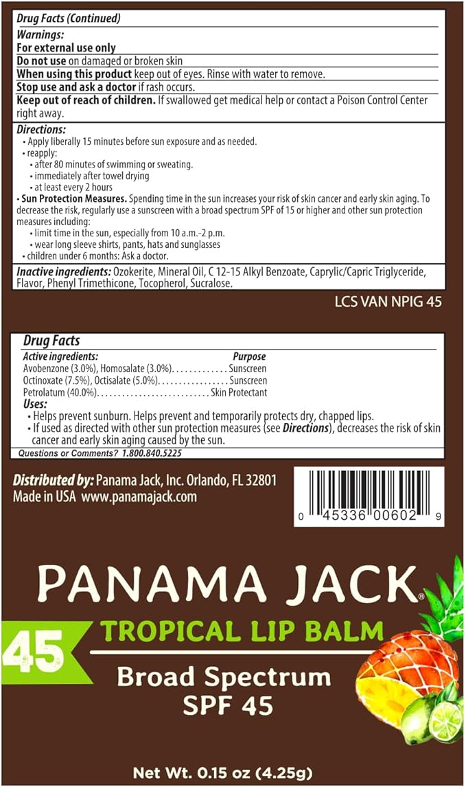 Panama Jack Sunscreen Lip Balm - SPF 45, Flavor Pack, Broad Spectrum UVA-UVB Sunscreen Protection, Prevents & Soothes Dry, Chapped Lips (Mango/Tropical)