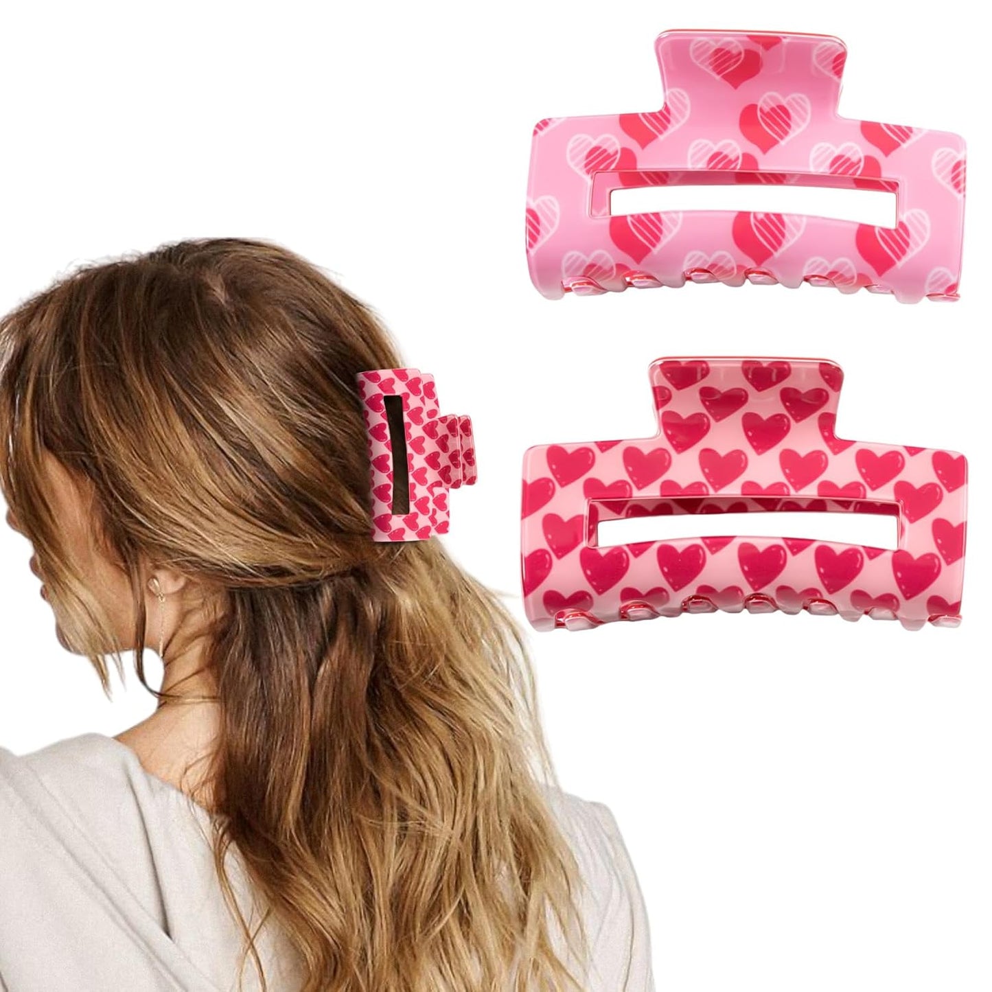 2 PCS Valentine's Day Hair Claw Clips, Large Square Claw Clip for Thick and Thin Hair, Valentine's Day Hair Clip, Love Heart Hair Claw, Cute Hair Accessories for Women Girls