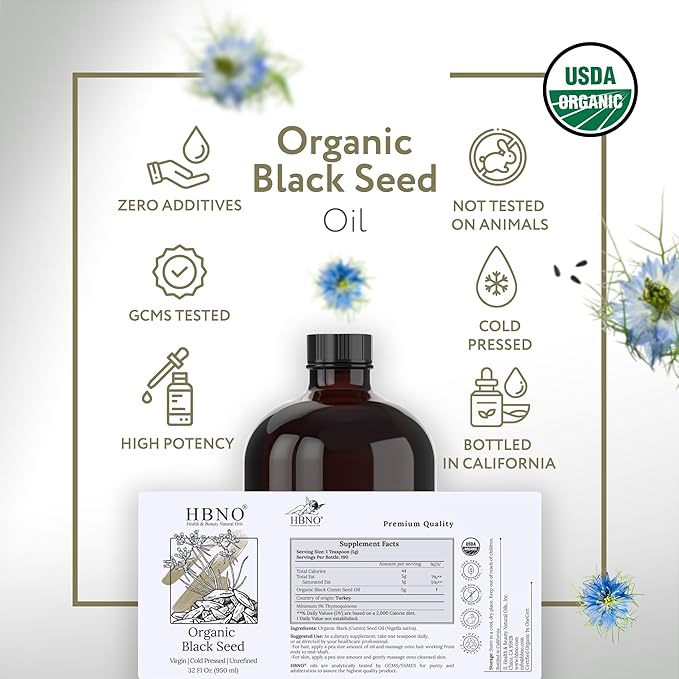 HBNO Organic Black Seed Oil - Huge 32oz (950ml) Glass Bottle Value Size - USDA Certified Organic Black Seed Oil, Cold Pressed for Face, Body, Lips, Shampoo & Conditioner