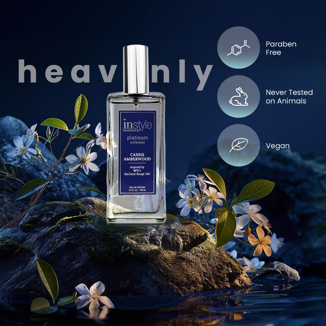 Instyle Fragrances, Platinum Collection, Cassis Amberwood, Inspired by MFK’s Baccarat Rouge 540, Women’s Eau de Parfum, CLEAN, Vegan, Paraben-Free, Never Tested on Animals, 3.4 Fluid Ounces