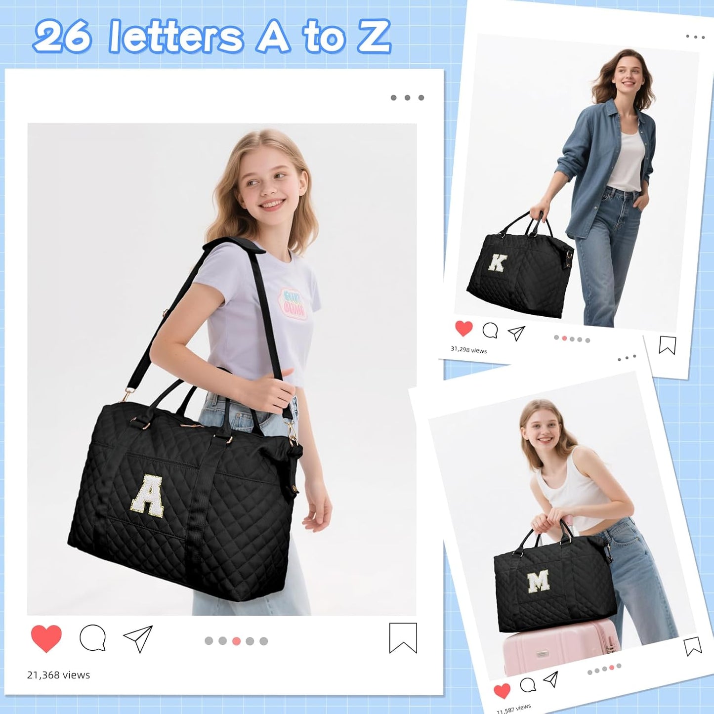 Gifts for Teen Girl, Initial Travel Duffle Bag, Personalized Women Weekender Overnight Bags, Gift for Daughter Kid Girl Wife Friend（Black,C)