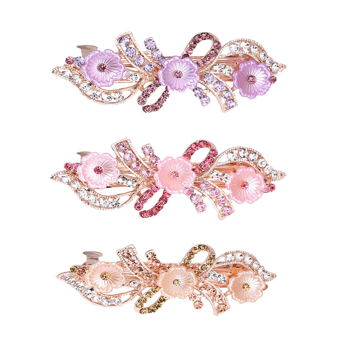 3 PCS Luxurious Flower Metal French Barrettes Hair Claps Alloy Rhinestones Hair Accessories Women Girls 6cm, 1-tf Multicolor B