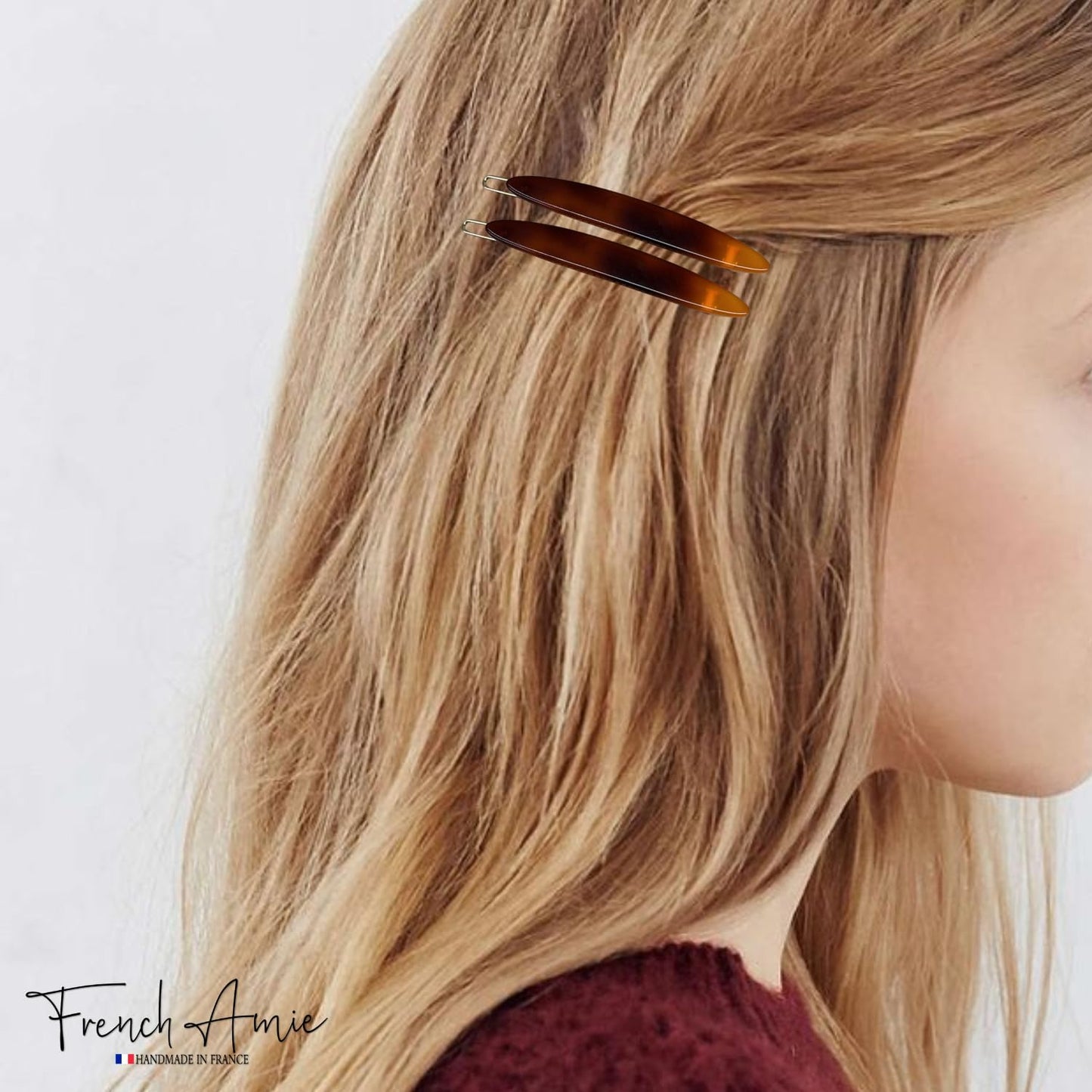 French Amie Narrow Oblong Small 2 1/4" Celluloid Acetate Set of 2 Side Slide In Hair Clip Barrettes with Tige Boule Clasp for Girls and Women, Made in France (Shell)