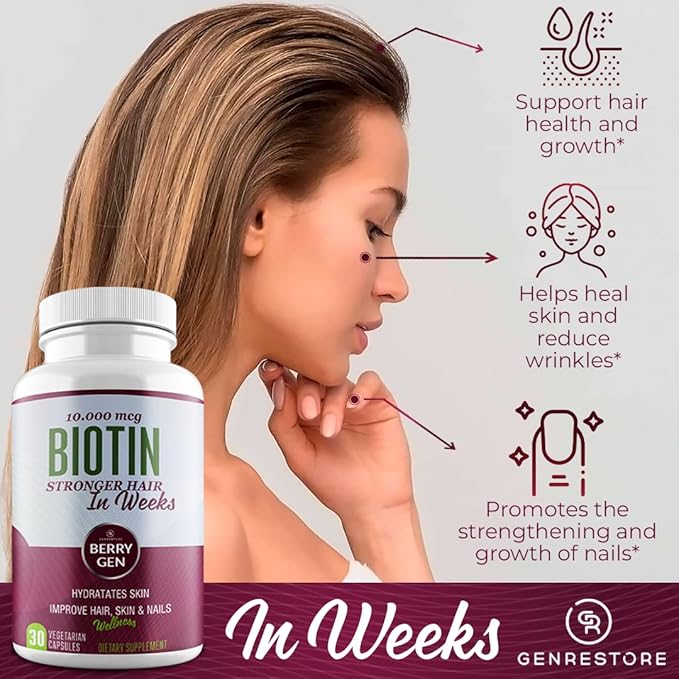 Berry Gen Biotin Supplement 10000 mcg Vegetarian Capsules - Support Hair Health & Growth, Help Heal Skin & Reduce Wrinkles and Moisturize Skin, Hair, and Nails - 30 Count (3)
