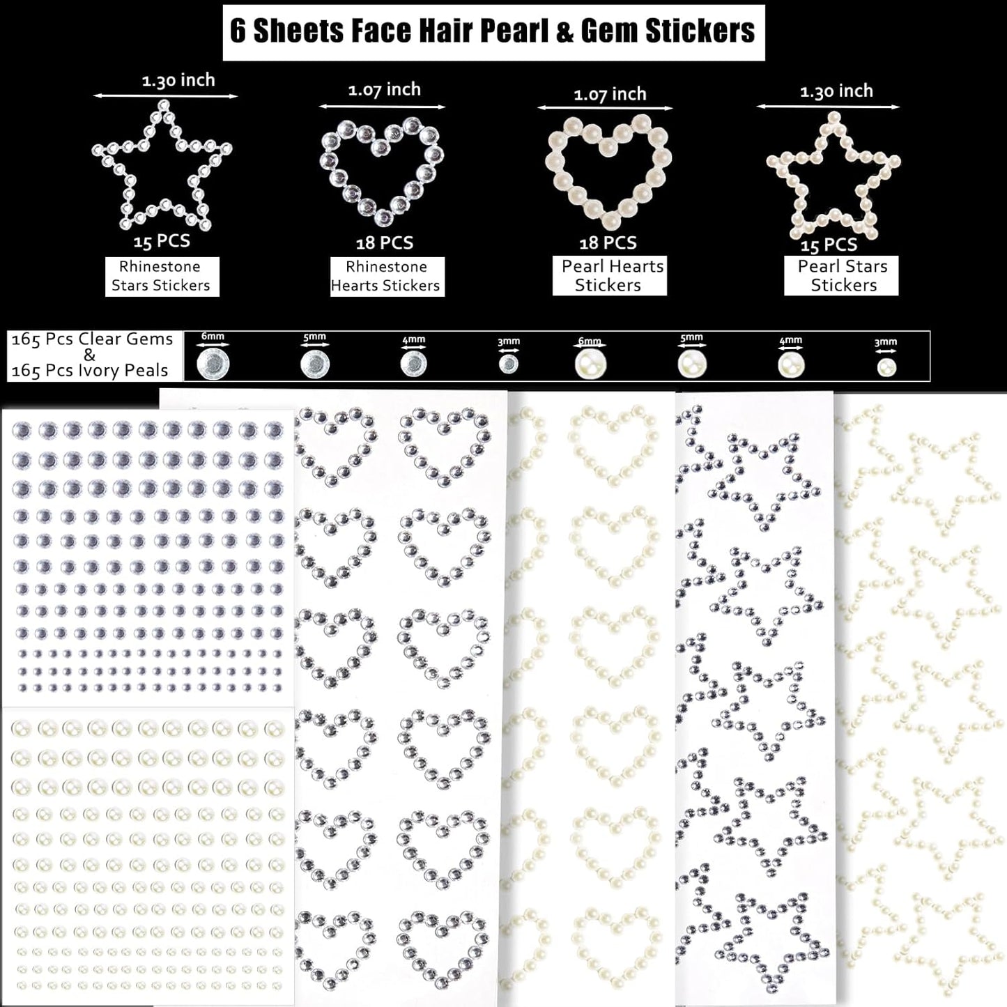 Hair Face Gems Pearls Self Adhesive Heart Star Pearl Rhinestone Stickers, Stick on Rhinestones Gem for Hair, Face Makeup, Body, Crafts, Festival Makeup