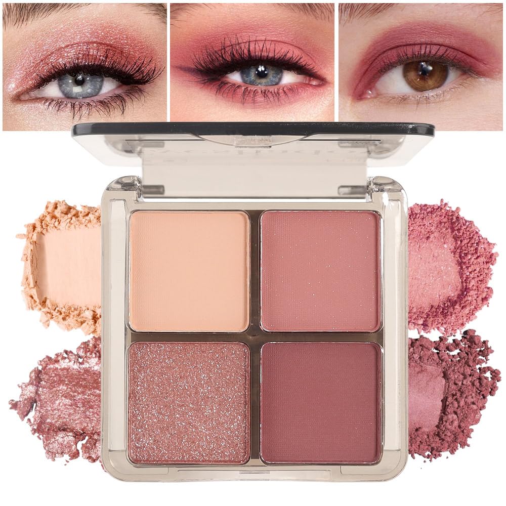 Eyeshadow Quads Glitter Matte Eyeshadow Palette, Nude Pink Dark Red Shimmer Sparkly Eyeshadow Palette Makeup, Daily Prom Eyeshadows Long-Lasting Waterproof Women Girls Eye Shadow 1#