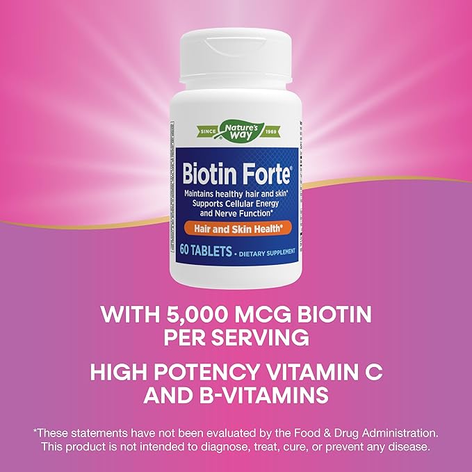 Nature's Way Biotin Forte, Supports Healthy Hair and Skin*, Energy and Nerve Function*, 60 Tablets