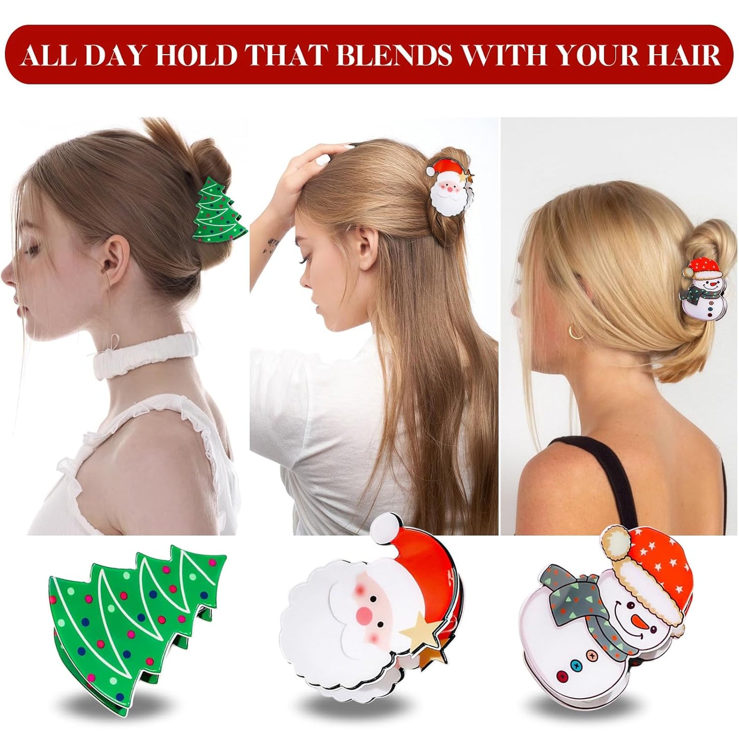 3 Pcs Christmas Hair Clips for Women Girls, Cute Snowman Tree Cartoon Old Man Hair Claw Clips, Large Hair Claw, Christmas Hair Accessories, Winter Xmas Claw Clips for Thick Hair and Thin Hair