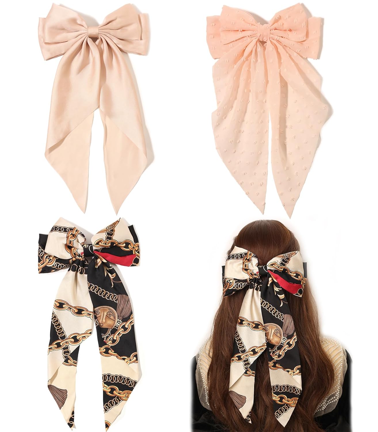LFOUVRE Hair Accessories - Dotted Chain Bows, Bowknot Barrettes with Tails for Girls and Women, 3pcs