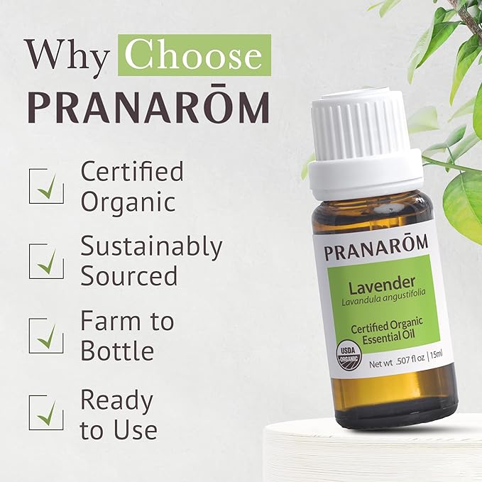 Pranarom USDA Certified Organic Lavender Essential Oil (15ml), 100% Pure Undiluted Therapeutic Grade from French Alps for Aromatherapy, Diffuser, Healthy Skin & Hair, Massage, Relaxation