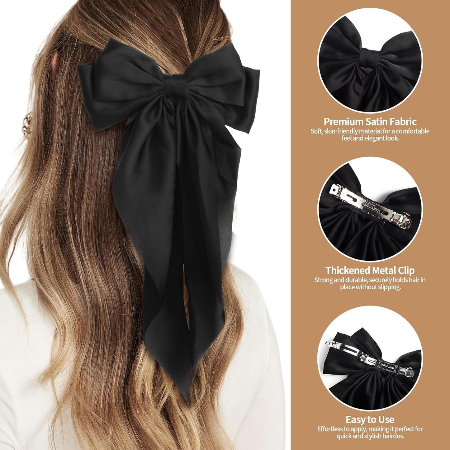 Silky Satin Hair Bows for Women Girls - 4PCS Ribbon Bows for Hair, Big Bow Hair Clips with Long Tail, Barrettes - Cute Hair Accessories Gifts (Black, Brown, Khaki, Beige)