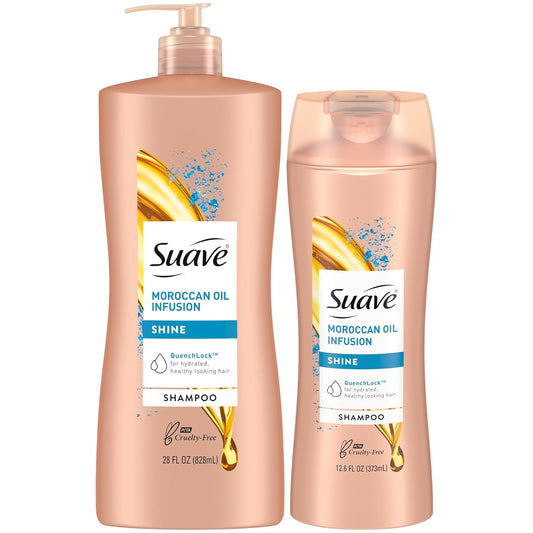 Suave Moroccan Oil Infusion Shine Shampoo 2-Size Bundle, Gentle Everyday Cleanser for Smooth, Shiny Hair