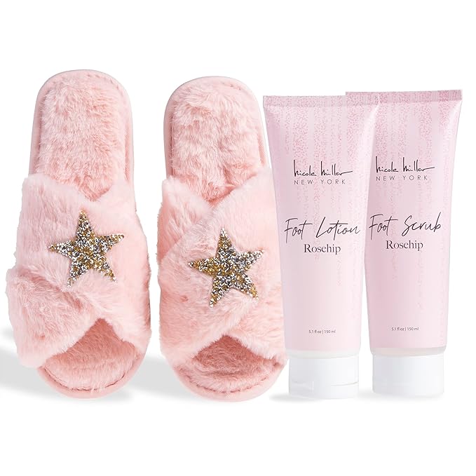 Nicole Miller Bath and Body Present Set Piece Foot Spa Set with Fuzzy Slippers, a Sponge, Foot Lotion, and Foot Scrub, Rosehip with Sparkle Star Slippers