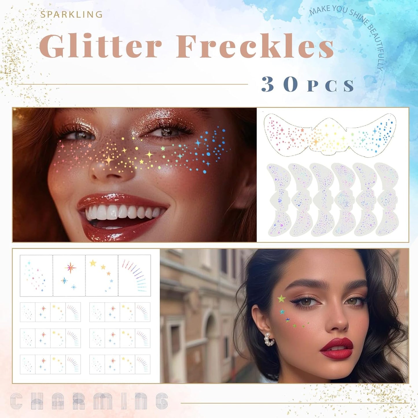 Glitter Freckles, 30 Pcs Sparkle Glitter Freckles Face Tattoo for Women Girls Holographic Temporary Face Tattoos Concert Festival Rave Accessories (Holographic)