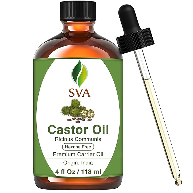 SVA Castor Seed Oil - 4 Fl Oz – 100% Natural Cold Pressed Castor Oil - for Face, Skin Care, Hair Care, Scalp Massage & Body Massage – Carrier Oil with Dropper