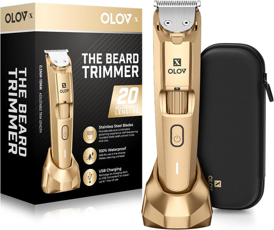 Men's Beard Trimmer- All-in-One Trimmer with Precision Dial - Premium Facial Hair Groomer - Adjustable 20 Length Setting, USB Recharge Dock, Cordless Waterproof Wet/Dry Clipper, Gold