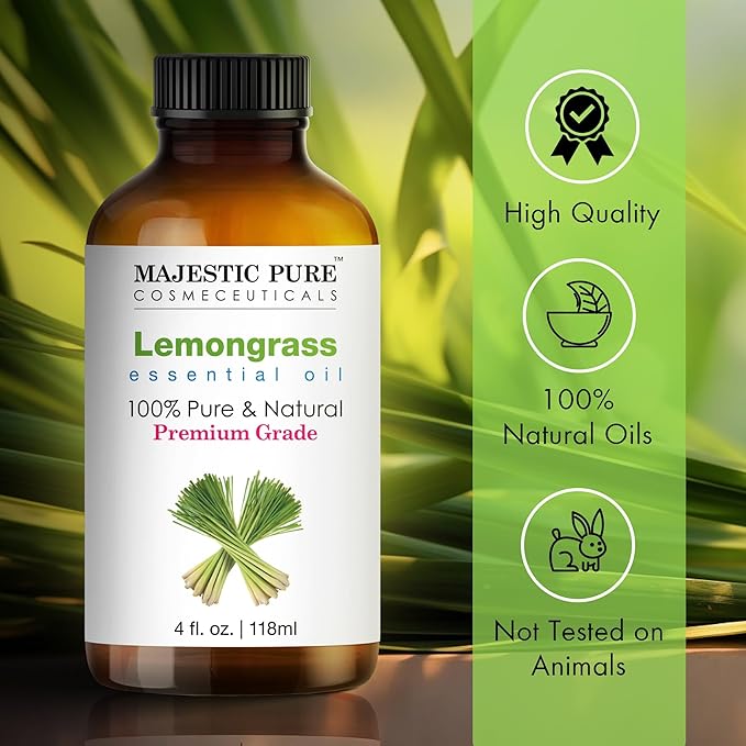 MAJESTIC PURE Lemongrass Essential Oil | 100% Pure and Natural Lemongrass Oil | Premium Grade Essential Oils for Hair Care, Home Diffusers, Skin, Aromatherapy, Massage and Humidifiers | 4 Fl Oz