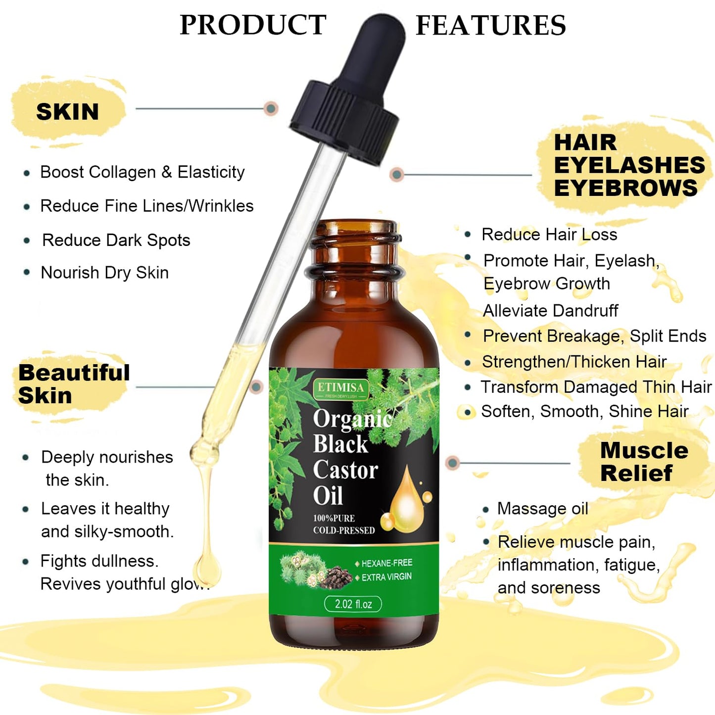 Organic Black Castor Oil,100% Pure Natural ,Cold Pressed, Glass Bottles, Hair,Eyebrow Care, Skin Care, Castor Oil for Body & Carrier Oil