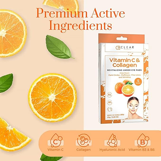 Vitamin C & Collagen Under Eye Patches - Dermatologist Tested, Reduces Dark Circles, Anti-Aging - Clean Beauty, Natural Ingredients, Cruelty-Free Korean Skincare, All Skin Types - 5 Pairs