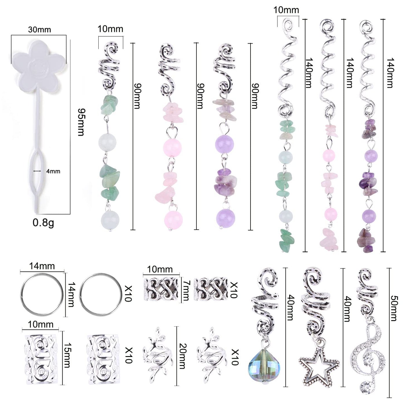 Leeven 50 PCS Colored Natural Stone Pendant Hair Jewelry for Braids Silver Hair Beads Crystal Dreadlock Accessories for Women