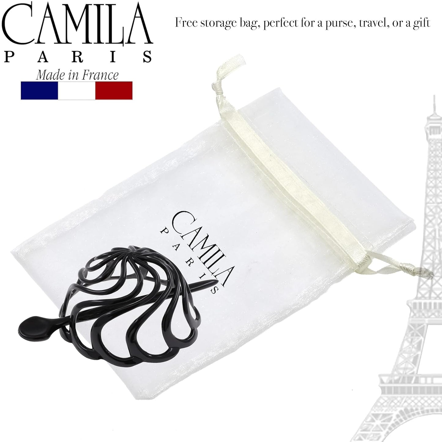Camila Paris CP2867 French Hair Bun Clip Maker Cover Cap Holder, Black, Round Dome Bun Hair Clip for Women Hair Updo, Styling Hair Bun Accessories for Women, No Slip and Durable, Made in France
