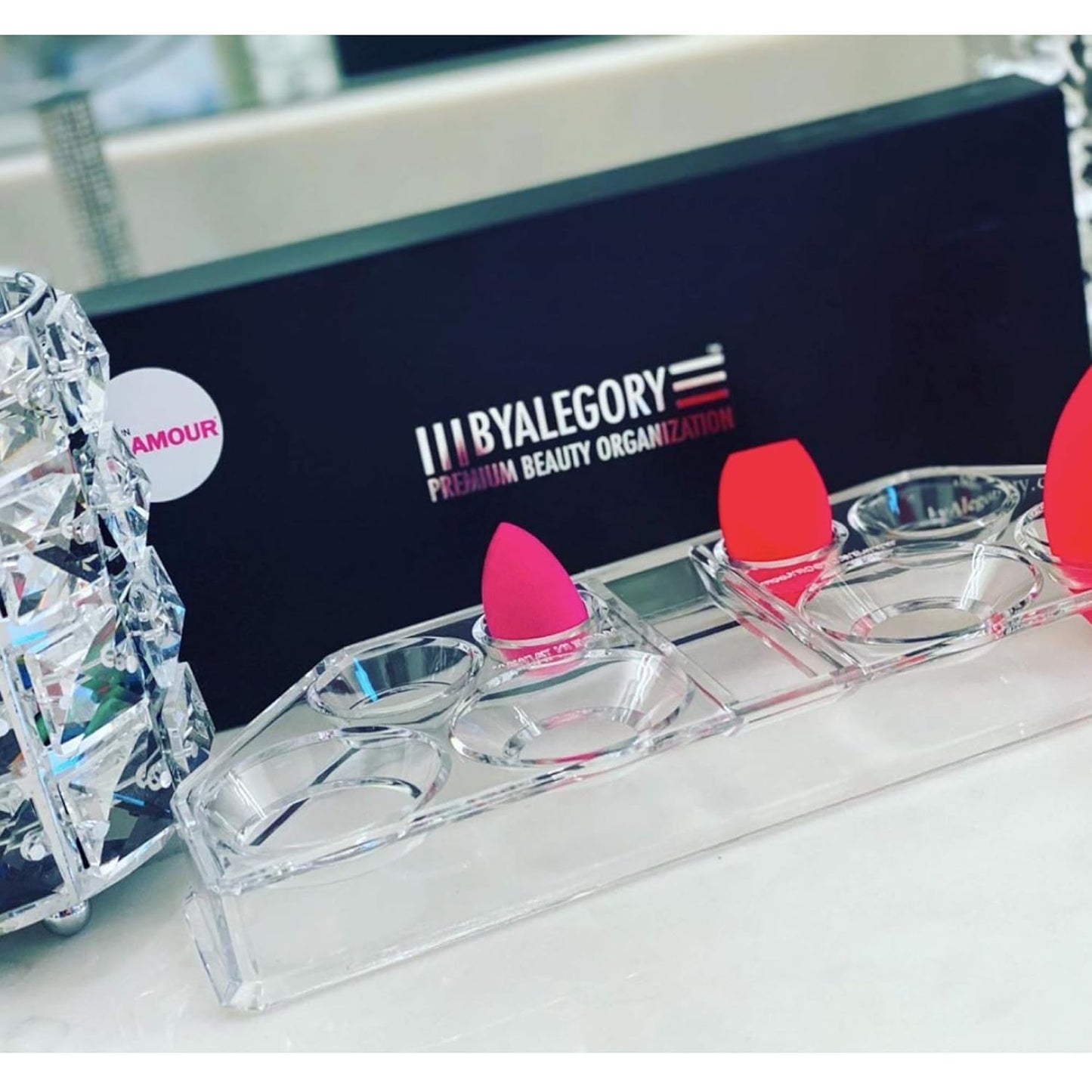 byAlegory Acrylic Makeup Beauty Blending Sponge Organizer Drying Tray Stand | 9 Space Storage Container Fits All Brands of Foundation Blending Sponges - Clear