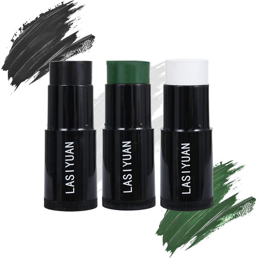 Face Body Paint Stick (BLACK+WHITE+GEEEN)，Water Resistant Sports Body Makeup Athletes Softball， Professional Halloween Face Makeup Kit ，for Halloween costume， Zombie Clown Vampire