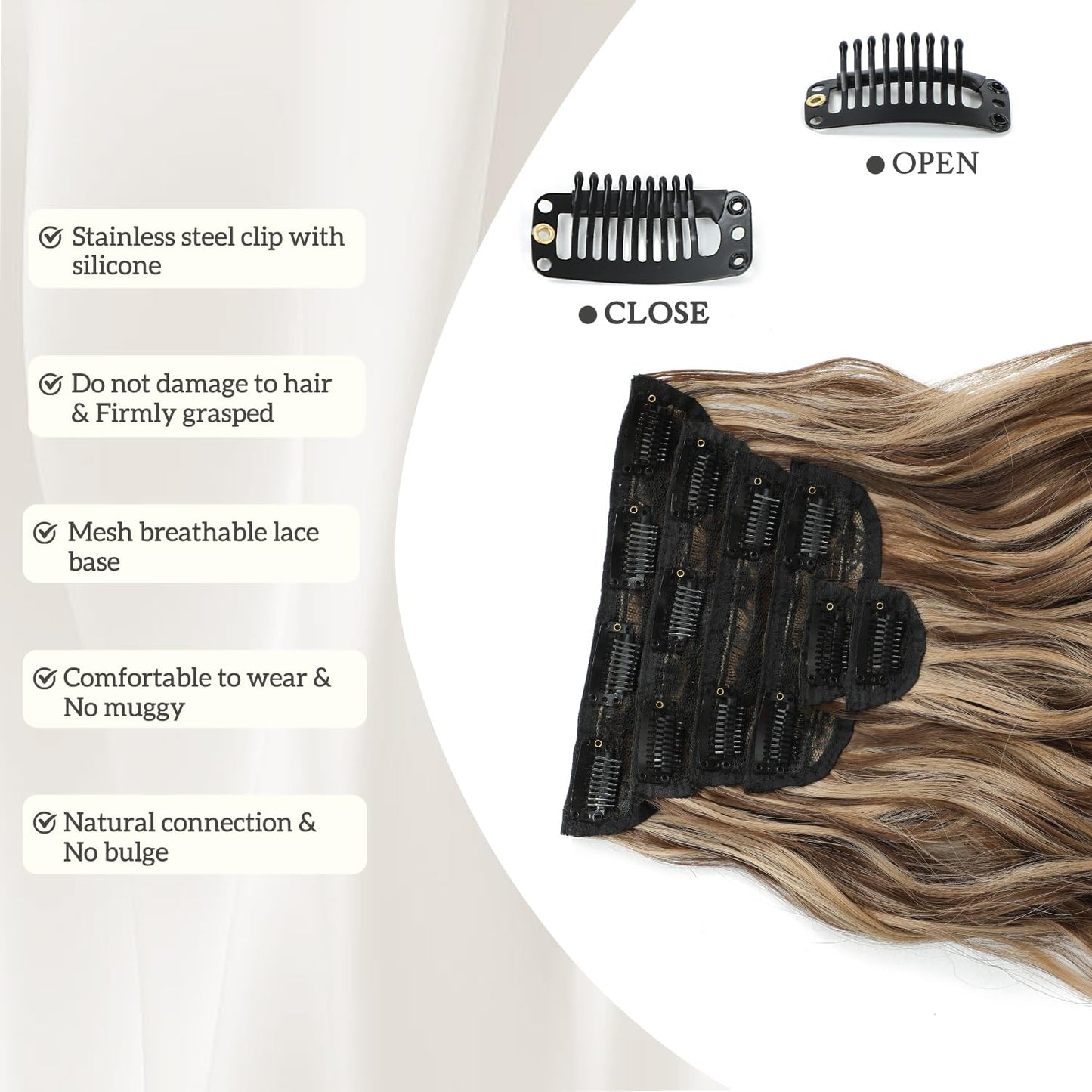 Clip in Long Wavy Synthetic Hair Extensions 20 Inch Light Brown with Blonde Highlights 6PCS Thick Hairpieces Fiber Double Weft Hair for Women